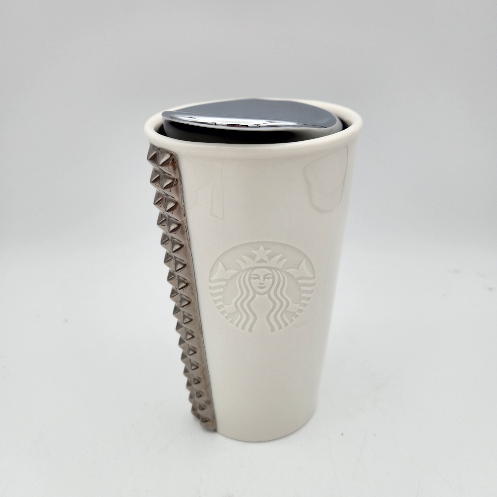 Starbucks 2014 Ceramic Silver Pyramid Studded Travel Cup Tumbler Mug w/Lid